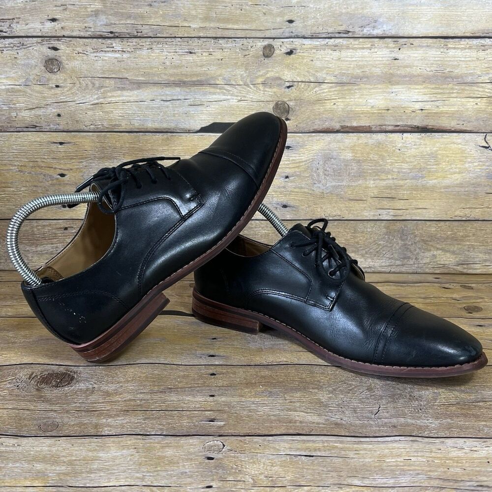 Black Leather Cap Toe Oxford Derby Dress Shoes SZ 7 Brown Stacked Heel‎ Mens
